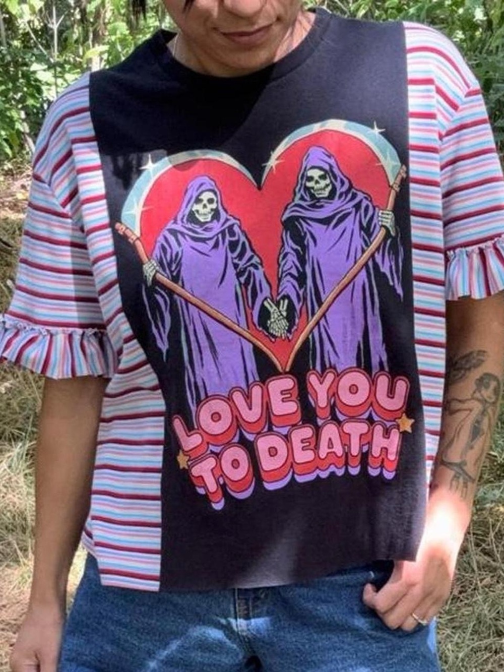 Spooky Striped Ruffle Upcycled Graphic Tee Womens M-XXL
